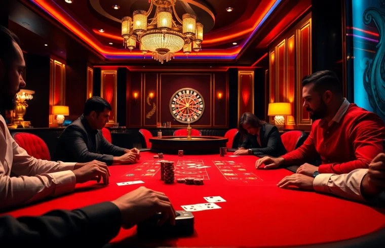 Engaged players enjoy the thrilling atmosphere of MK8 poker, with colorful chips and cards on a high-end table.
