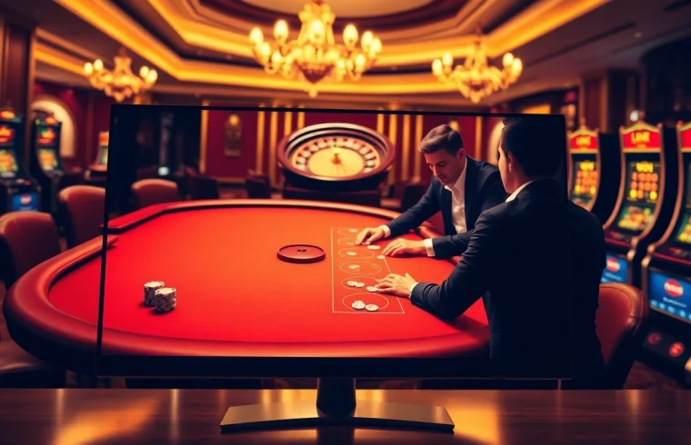 Engage with the thrilling link kubet experience at a luxury casino table with poker chips and roulette.