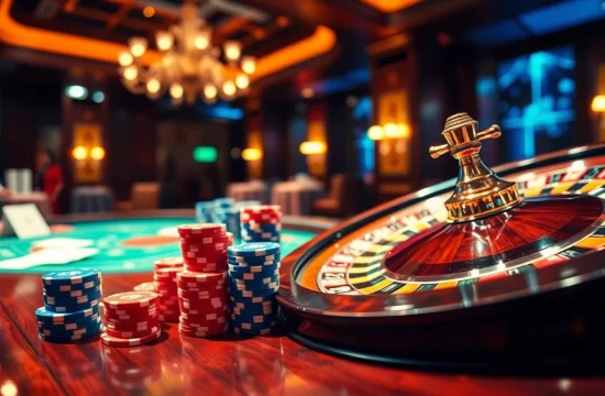 RR88 poker chips stacked at an elegant casino table, showcasing excitement in gambling.