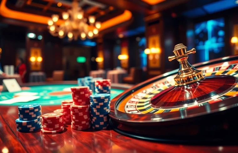 RR88 poker chips stacked at an elegant casino table, showcasing excitement in gambling.