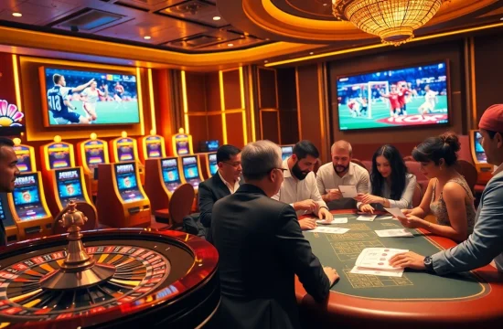 Exciting แทงบอลโลก betting in a luxurious casino with roulette and football action.