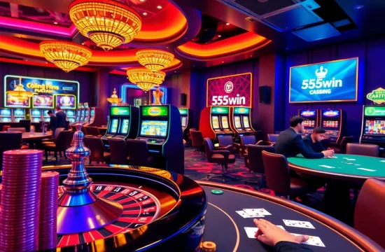 Experience thrilling gameplay with 555win at a vibrant, luxurious casino scene.