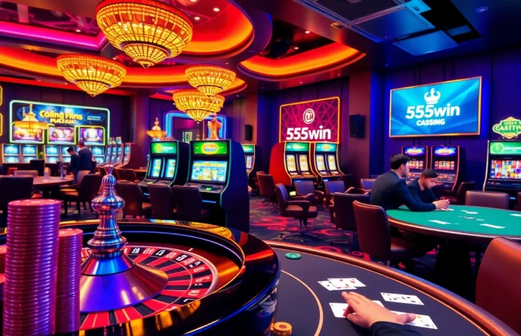 Experience thrilling gameplay with 555win at a vibrant, luxurious casino scene.