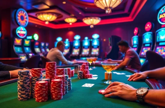 צ'יפים של פוקר בהימור גבוה מסודרים במשחק קזינו עם אורות ססגוניים והתרגשות.