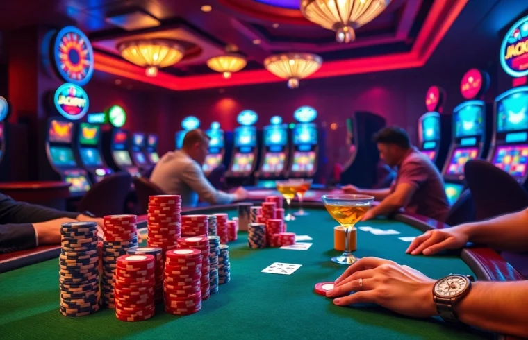 צ'יפים של פוקר בהימור גבוה מסודרים במשחק קזינו עם אורות ססגוניים והתרגשות.