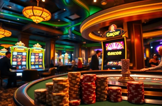 Experience gacor slot excitement as players engage with spinning reels in a luxurious casino setting.