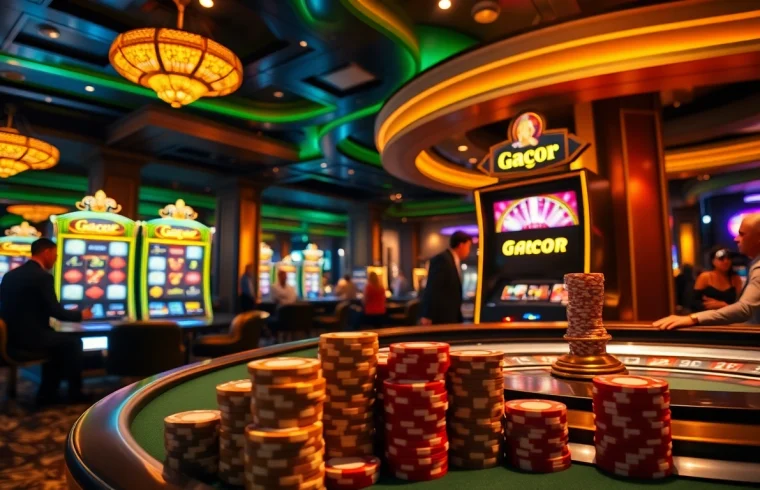 Experience gacor slot excitement as players engage with spinning reels in a luxurious casino setting.