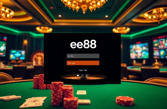 Access the ee88 link đăng nhập on a premium casino interface filled with cards and poker chips.