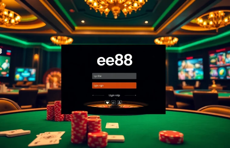Access the ee88 link đăng nhập on a premium casino interface filled with cards and poker chips.