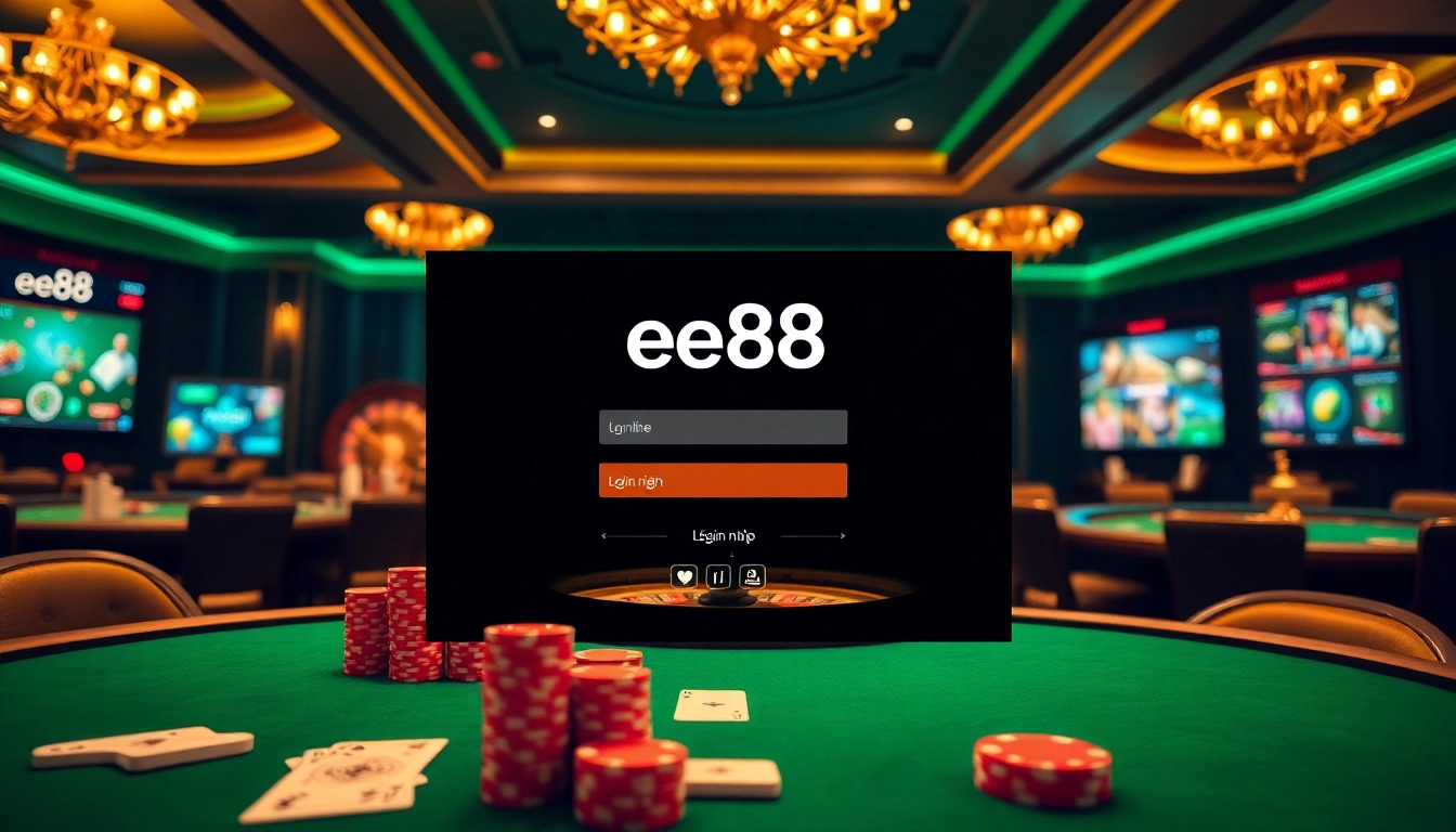 Access the ee88 link đăng nhập on a premium casino interface filled with cards and poker chips.
