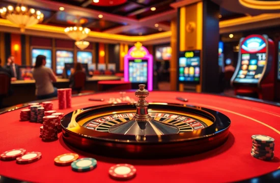 Engaging casino scene showcasing ทางเข้า mk8 with vibrant slot machines and poker chips.