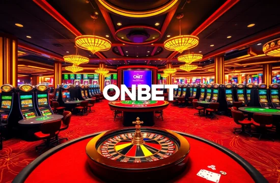 Exciting casino scene featuring ONBET logo amidst poker tables and slot machines.