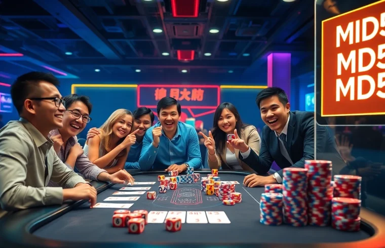 Exciting Tài Xỉu MD5 game scene with players, colorful dice, and a transparent MD5 display.