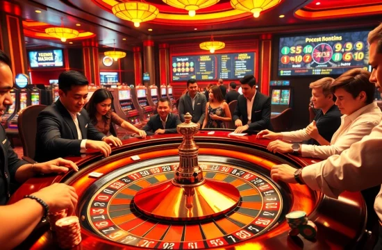Excited players at the KP88 casino roulette table enjoying a thrilling gaming experience.
