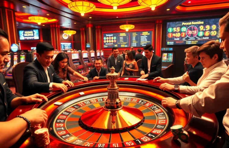 Excited players at the KP88 casino roulette table enjoying a thrilling gaming experience.