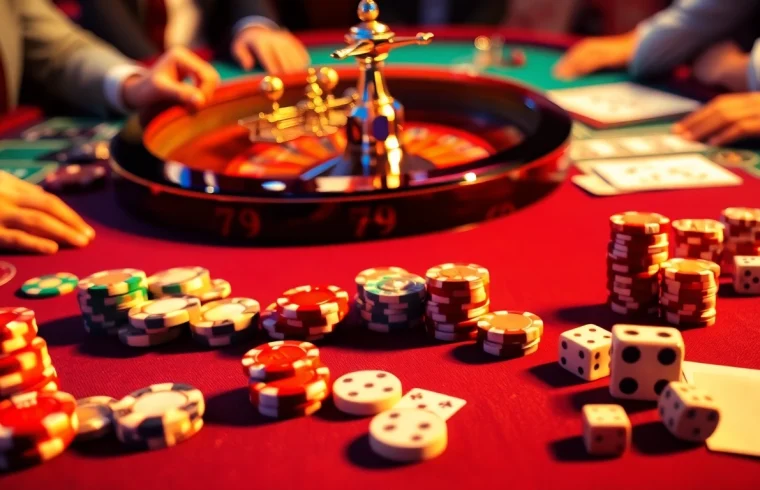 Experience thrilling gameplay at 79king with vibrant poker chips and an elegant roulette wheel.