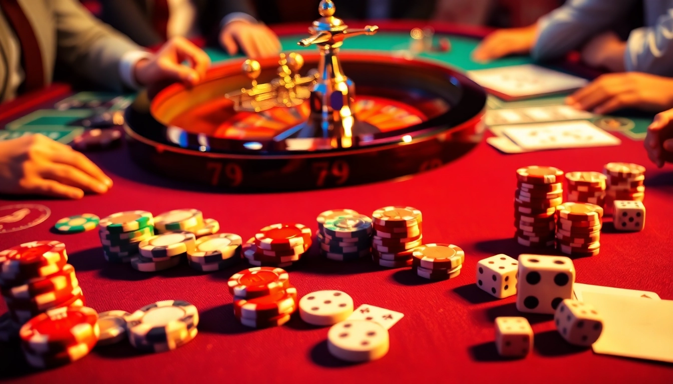 Experience thrilling gameplay at 79king with vibrant poker chips and an elegant roulette wheel.