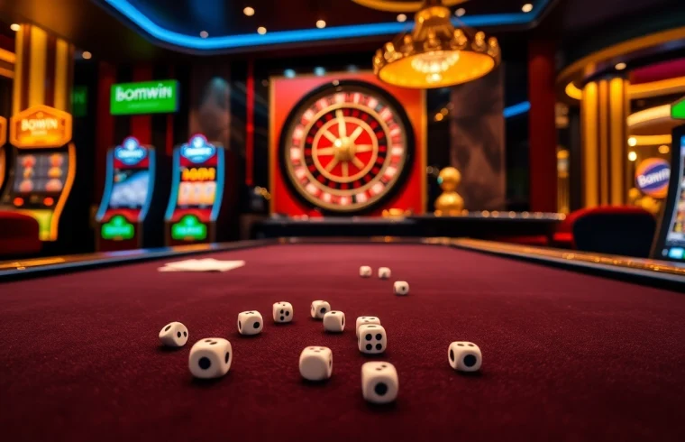 Experience thrilling gameplay at bomwin with vibrant roulette, poker, and slot machine elements.