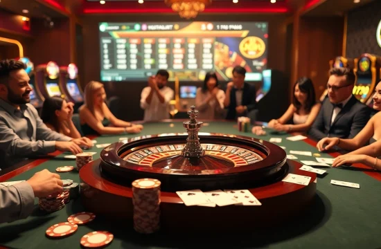 Players enjoying roulette at a lavish casino, highlighting situs apiraja88's thrilling atmosphere.