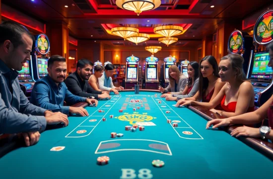 Players enjoying a thrilling BK8 gaming experience at a luxurious casino table with vibrant chips and cards.