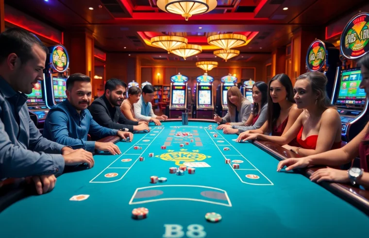 Players enjoying a thrilling BK8 gaming experience at a luxurious casino table with vibrant chips and cards.