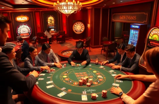 Exciting scene of poker and roulette at 6RWIN55 COM casino, showcasing vibrant gaming atmosphere.