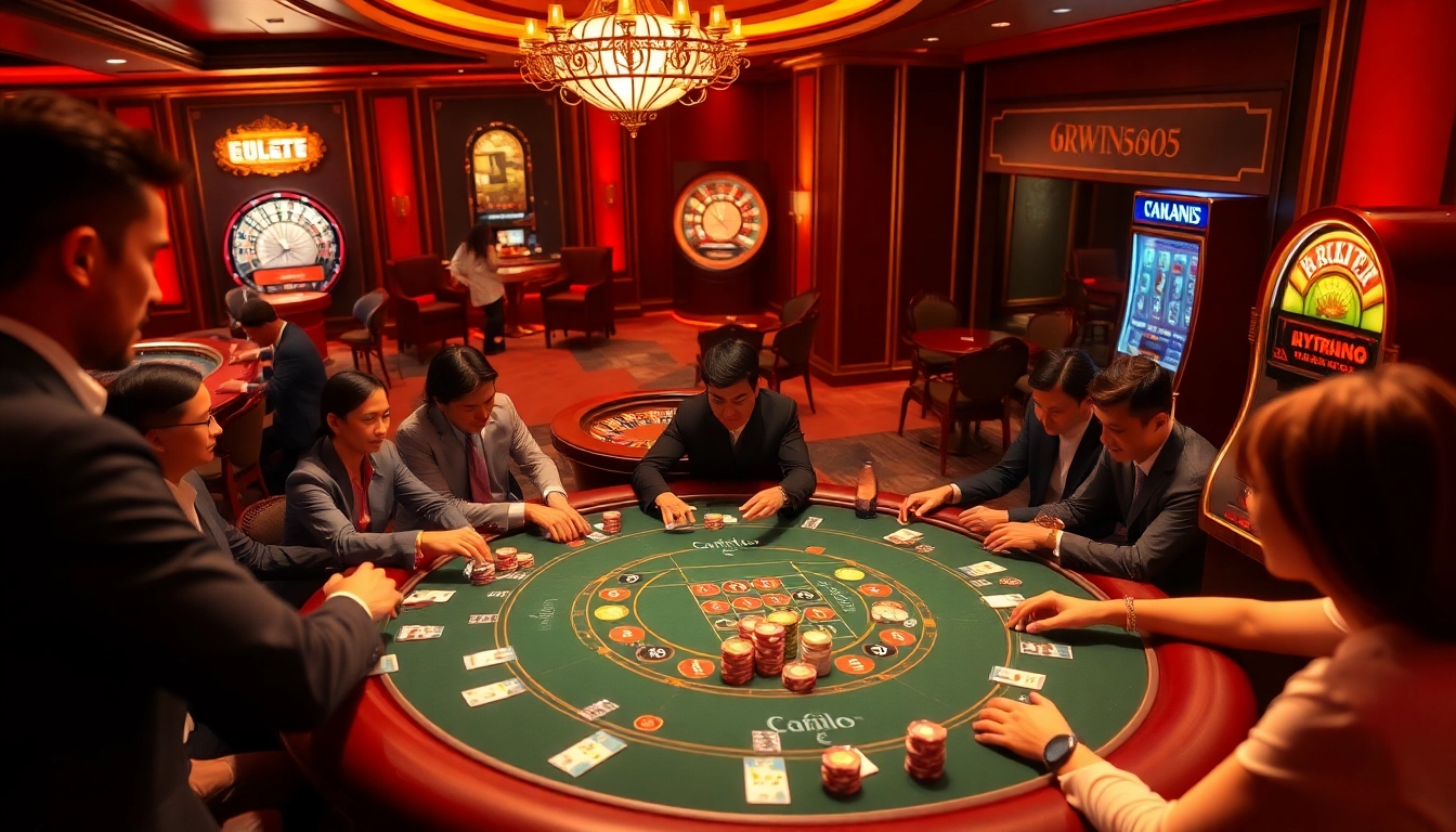 Exciting scene of poker and roulette at 6RWIN55 COM casino, showcasing vibrant gaming atmosphere.