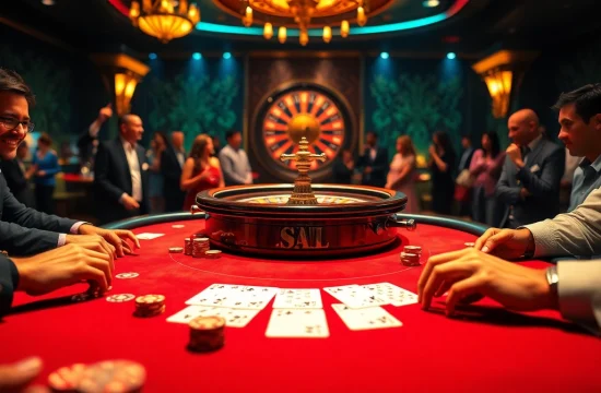 XOSO66 players enjoying a thrilling poker game at an elegant casino table with a roulette wheel in the background.