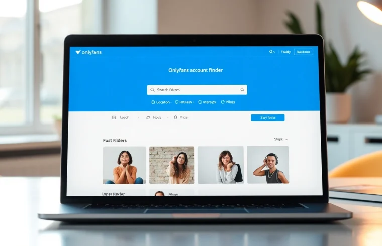 OnlyFans account finder interface displayed on a modern laptop, showcasing user-friendly search options and engaging thumbnails.