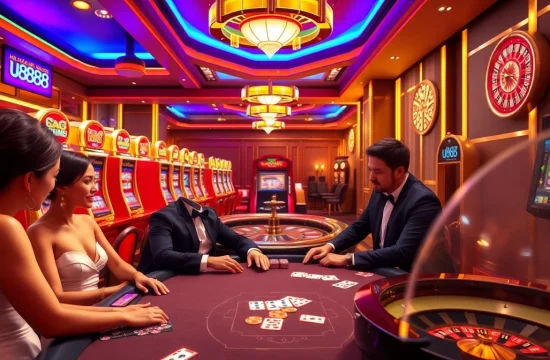 Players enjoying u888 casino games at a vibrant poker table with colorful chips and cards.