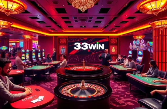Exciting casino scene showcasing 33WIN with players at poker tables and a roulette wheel.