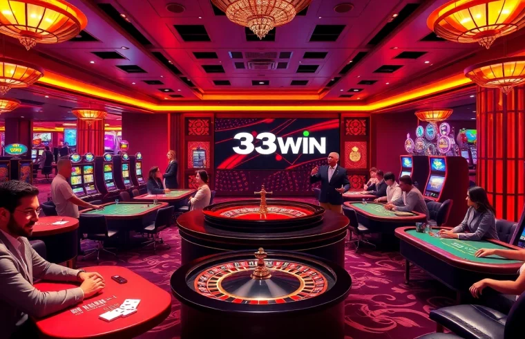Exciting casino scene showcasing 33WIN with players at poker tables and a roulette wheel.
