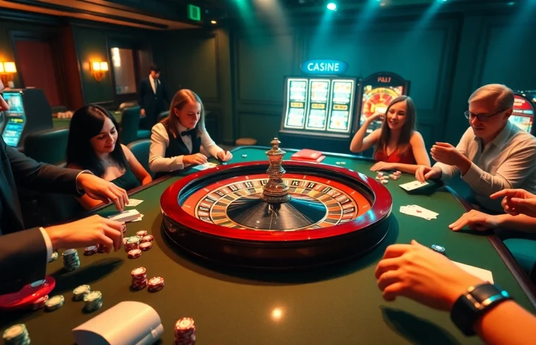 Enthusiastic players engaging with the roulette wheel at https://fun793.org/, showcasing an exciting casino atmosphere.