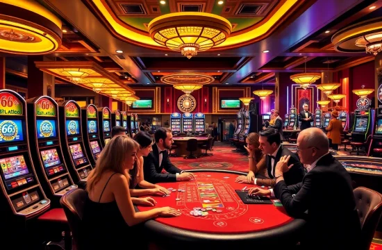 Experience the excitement of 66slots8 com at a lavish casino featuring poker tables and vibrant slot machines.
