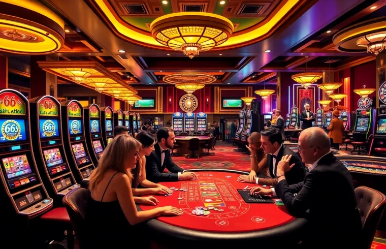 Experience the excitement of 66slots8 com at a lavish casino featuring poker tables and vibrant slot machines.