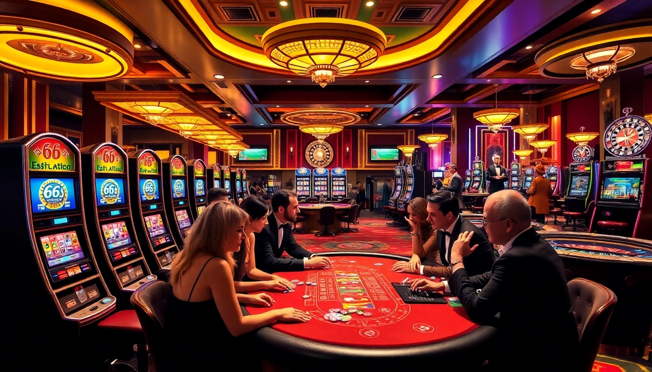 Experience the excitement of 66slots8 com at a lavish casino featuring poker tables and vibrant slot machines.