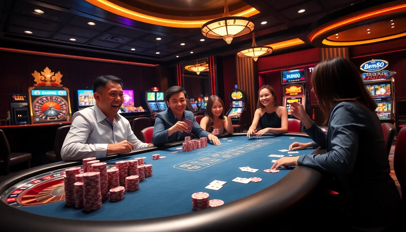 A thrilling casino scene where players celebrate wins at Bem88's poker table surrounded by vibrant lights and roulette excitement.