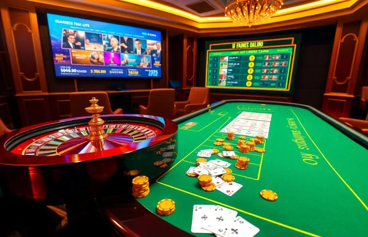 Exciting U888 casino action with casino tables, chips, and live gaming screens.