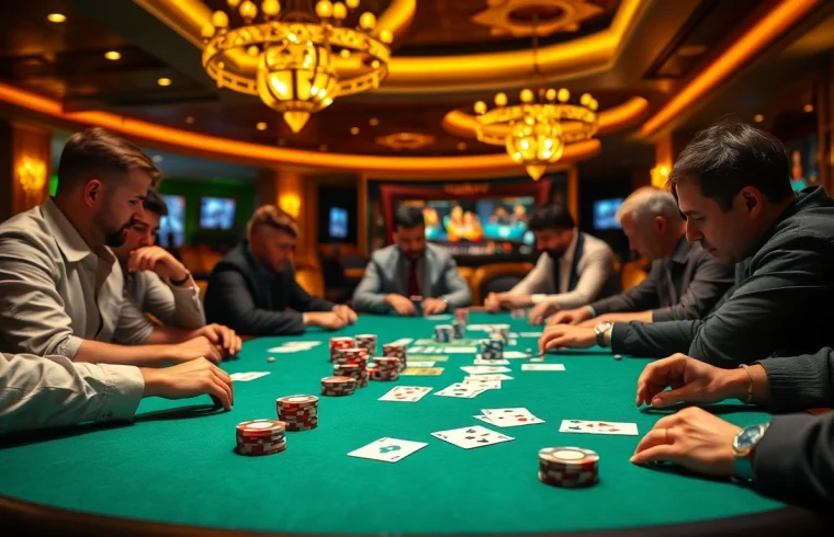 Experience the thrill of ClubGG real money games at a vibrant poker table with lively players.