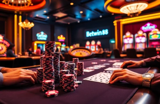 Players engaging at a poker table in a luxury casino atmosphere at Betwin88.