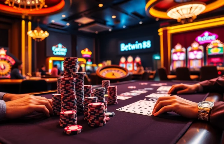 Players engaging at a poker table in a luxury casino atmosphere at Betwin88.