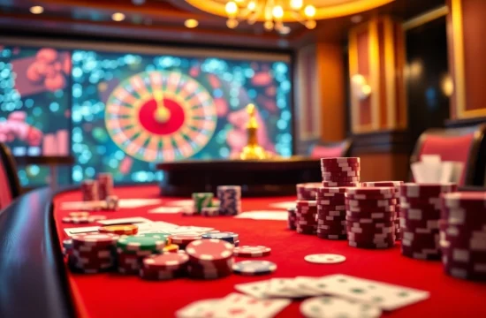 Players enjoy a high-stakes game at the s8 poker table, showcasing vibrant chips and action-packed cards.