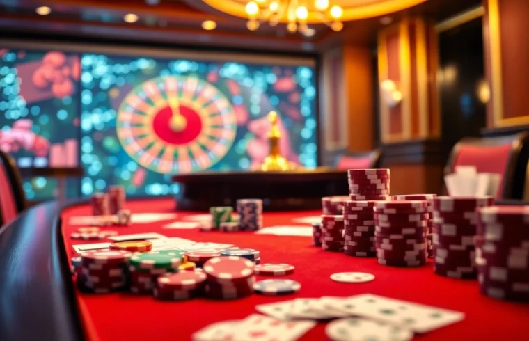 Players enjoy a high-stakes game at the s8 poker table, showcasing vibrant chips and action-packed cards.