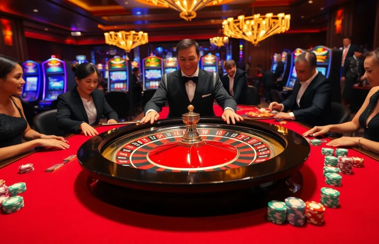 Experience the thrilling atmosphere of rr 88 at a luxurious casino, featuring a vibrant roulette table.