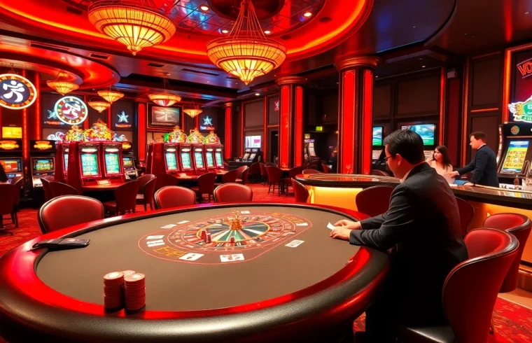 Engaged players enjoy a thrilling game at the bk8thai casino table surrounded by luxury decor.