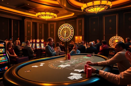 Situs apiraja88 immersive gaming scene with players at a vibrant poker table and spinning slot machines