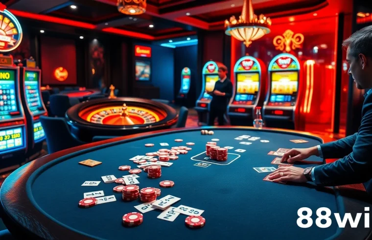 Players engaged in thrilling poker at 58win casino table with vibrant chips and glowing roulette wheel.