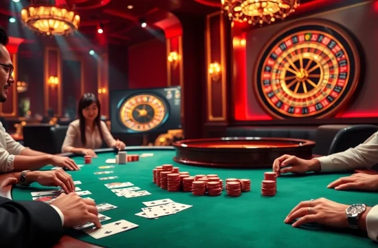 Experience the thrill of high-stakes gaming at https://vj88.online/, featuring a vibrant poker table.