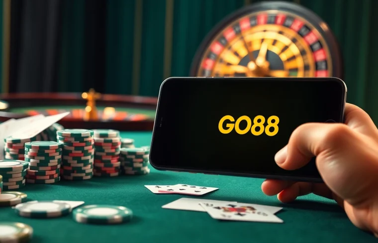 Engaging visual of tải go88 app in a luxurious casino setting with poker chips and cards.