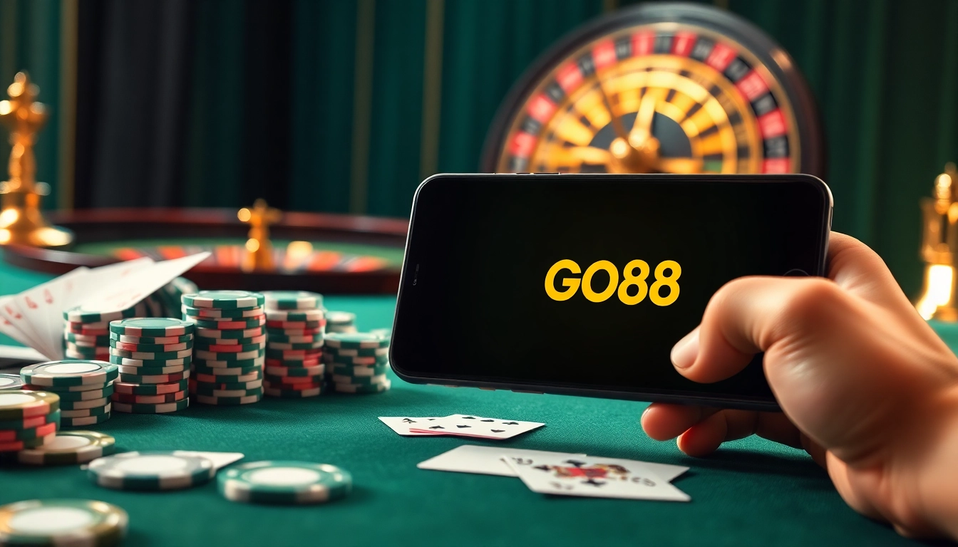 Engaging visual of tải go88 app in a luxurious casino setting with poker chips and cards.